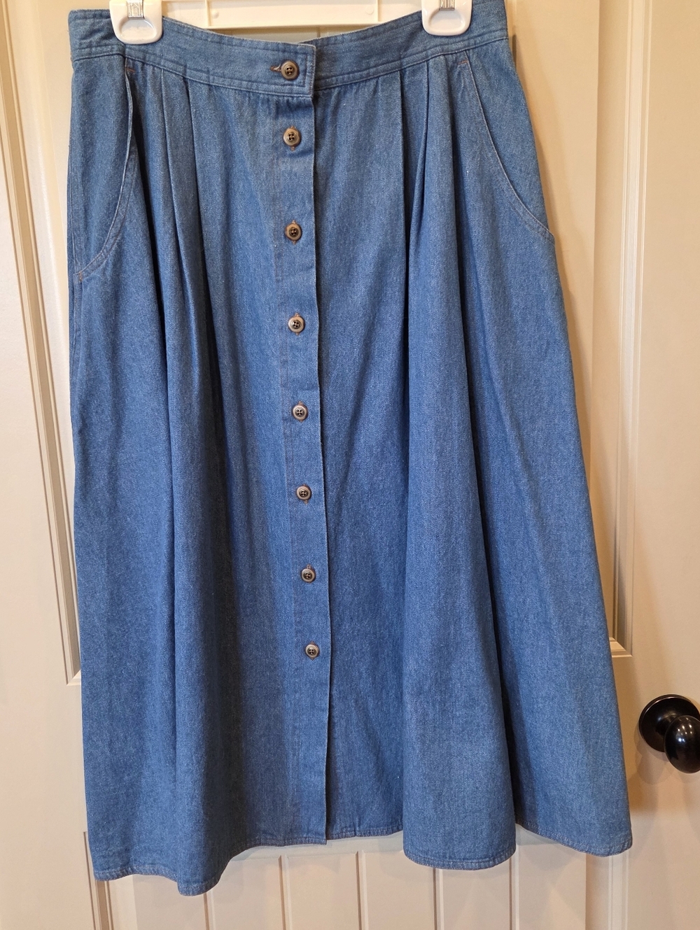 VTG 80s Russ Studio Denim Midi Skirt Button Front High Waist Pockets Size 18